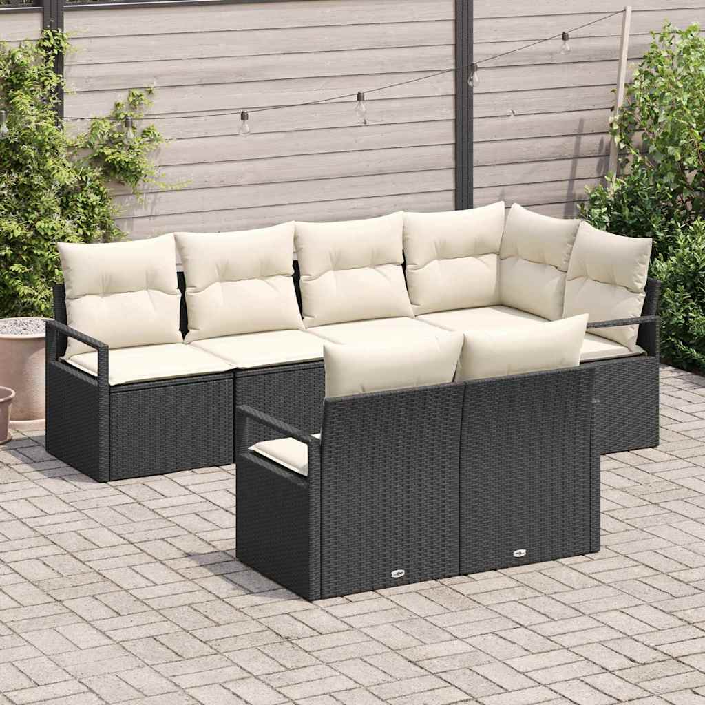 Garten-Sofa-Set mit Kissen mit Speicher 7 pcs Schwarz und Creme